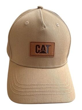 CAT Caterpillar Tan Snapback Baseball Cap Leather Logo Patch Adjustable Hat